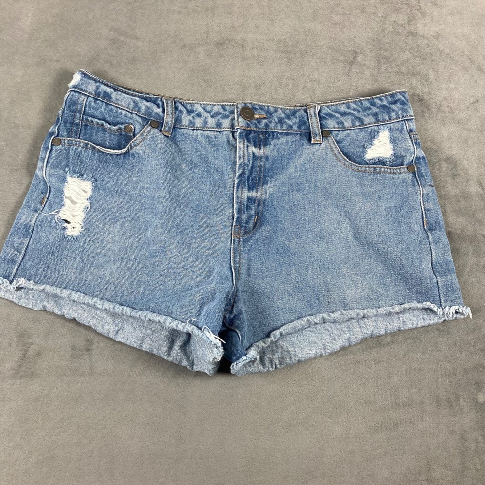 Refuge Blue Distressed High Waisted Denim Jean Shorts Womens Size 12 Frayed Hem
